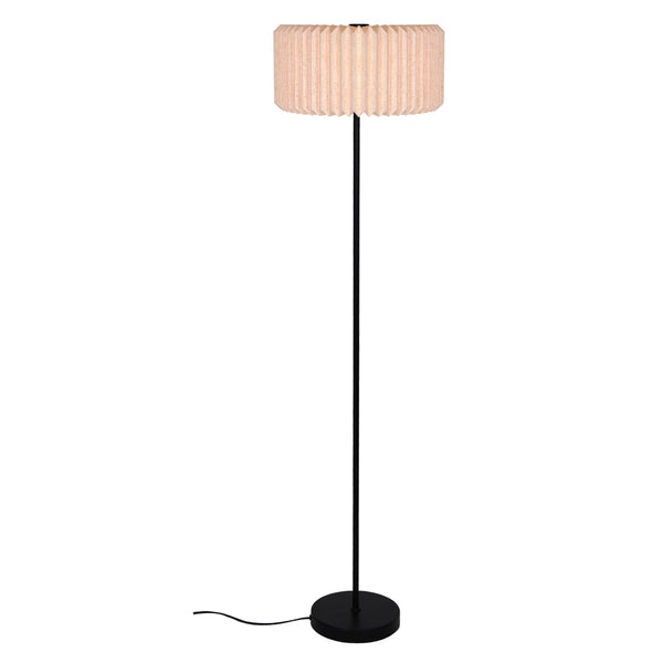 Floor lamp with a black base and stand, and a pleated, light-colored fabric shade