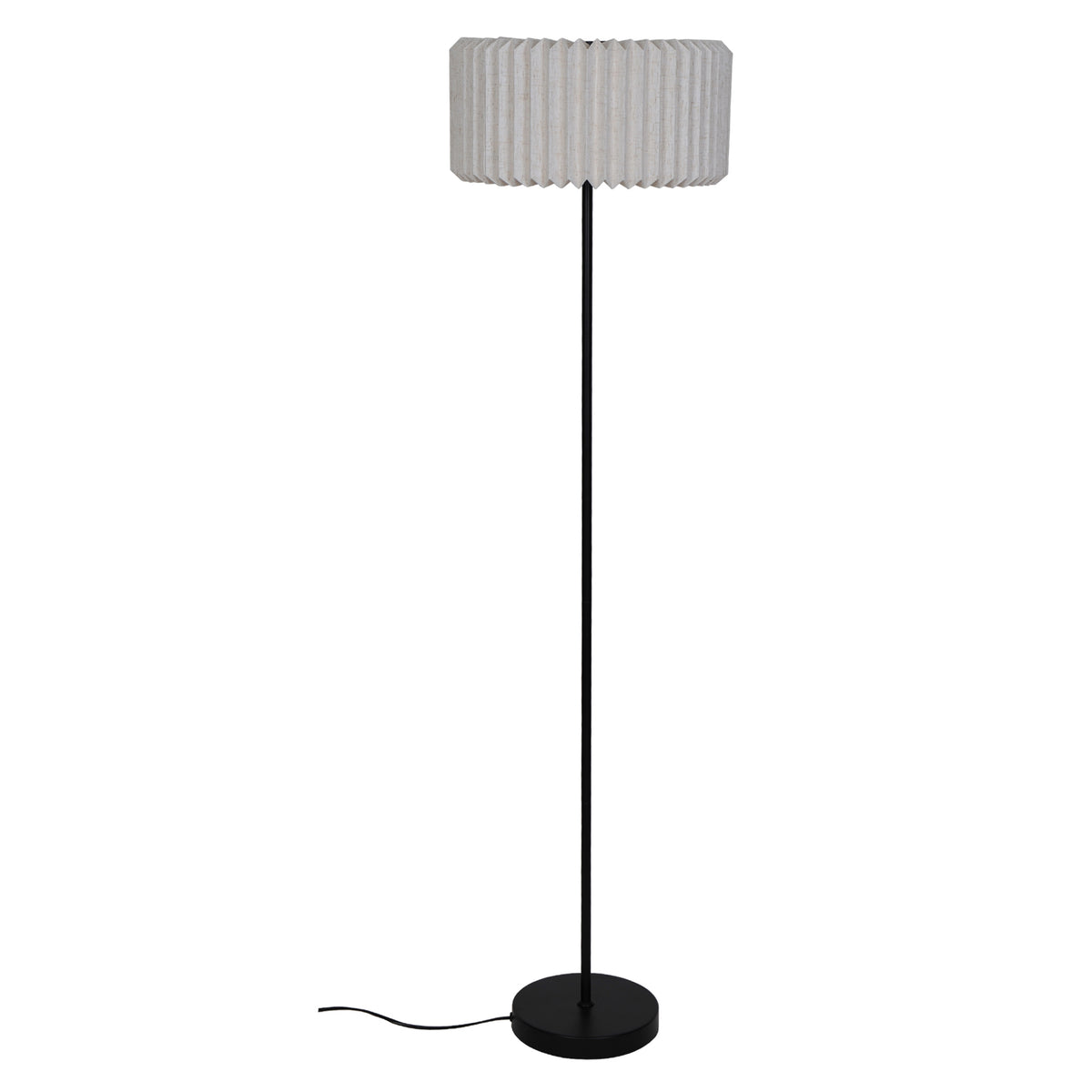 Floor lamp with a black base and stand, and a pleated, cylindrical, light-colored fabric shade