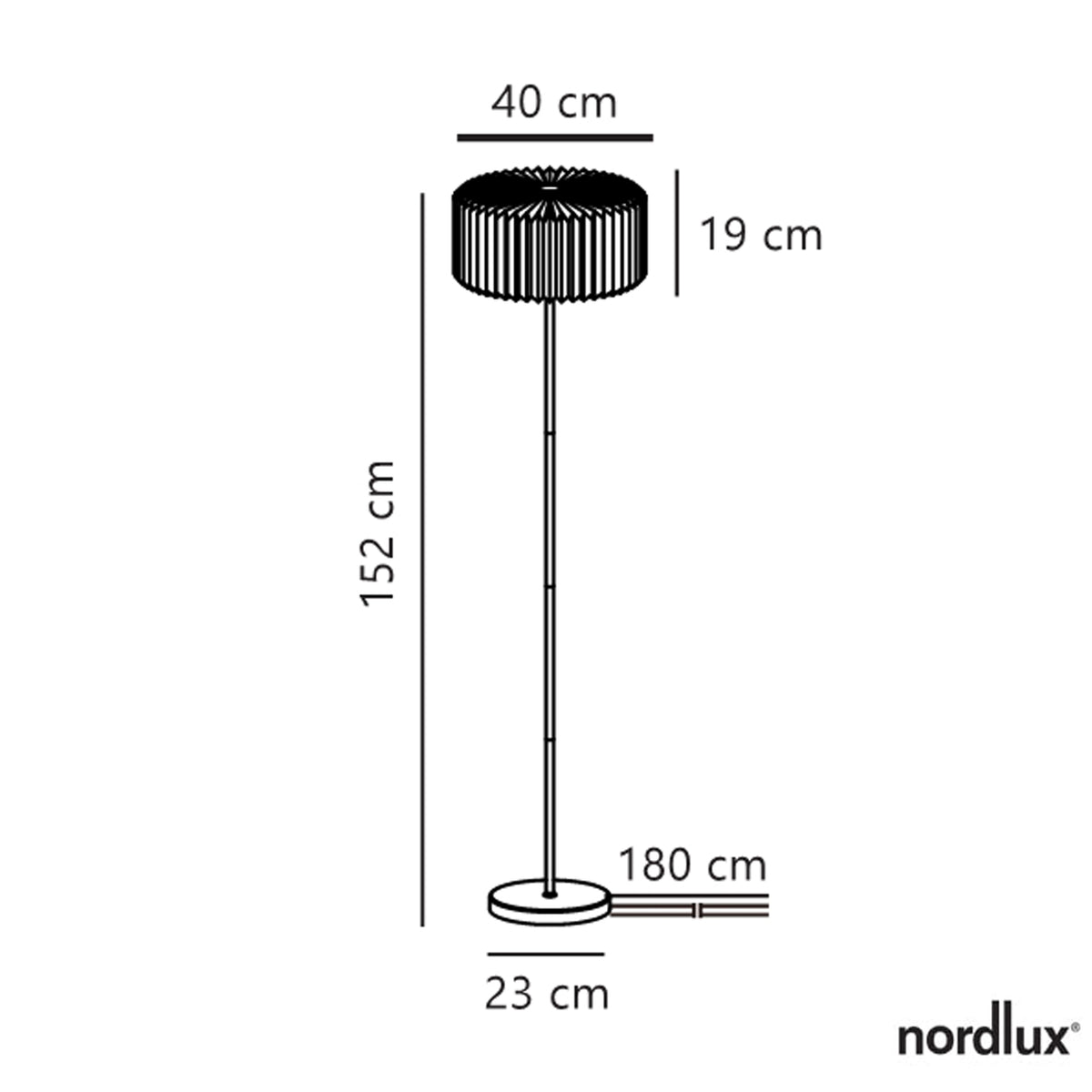Nordlux floor lamp technical drawing with dimensions: 152cm height, 40cm shade width, 19cm shade height, 23cm base width
