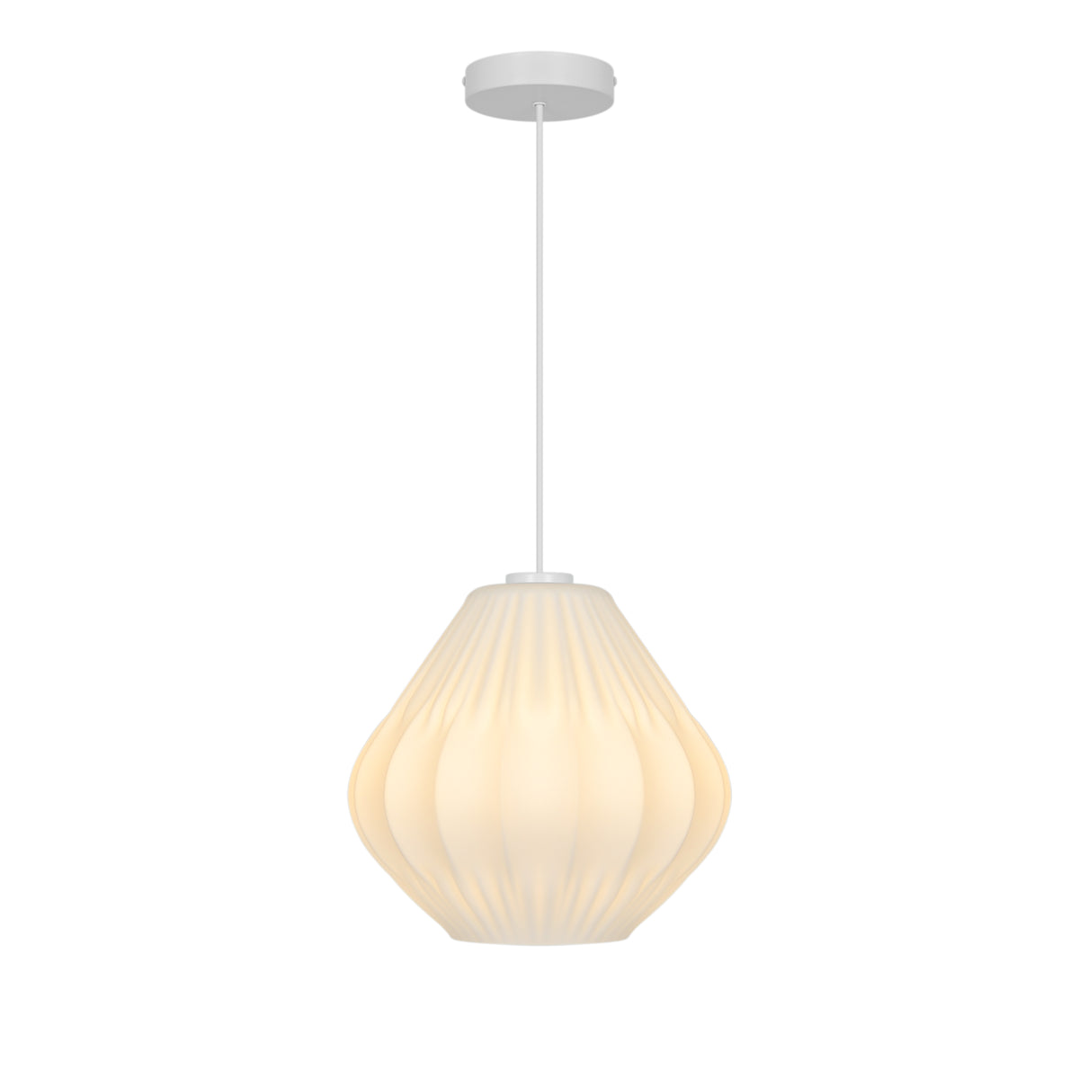 White pleated pendant light with a soft, warm glow