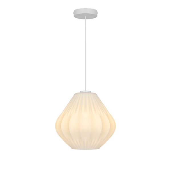 White pleated pendant light with a soft, warm glow