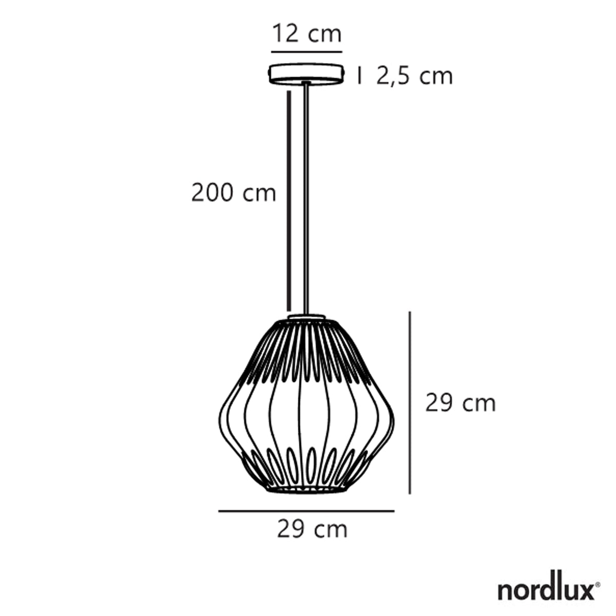 Line drawing of a Nordlux pendant light with dimensions: 200cm total height, 29cm shade width, 29cm shade height