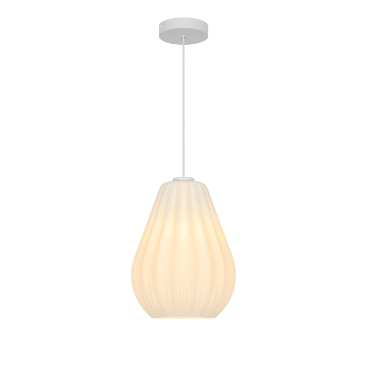 White pendant light with a pleated, teardrop-shaped shade
