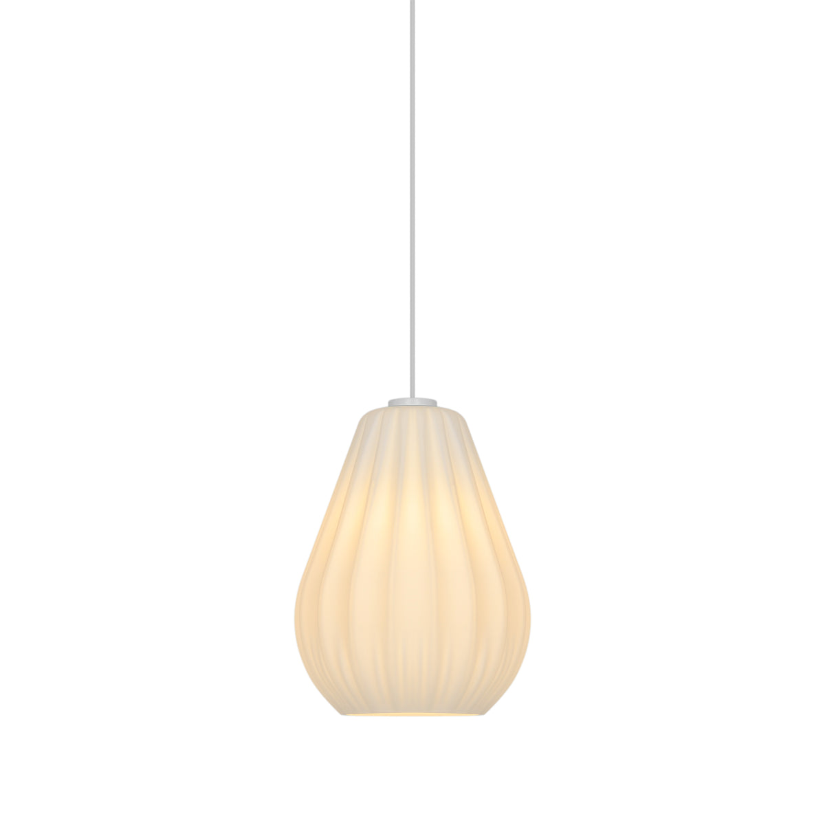 White pleated pendant light with a teardrop shape