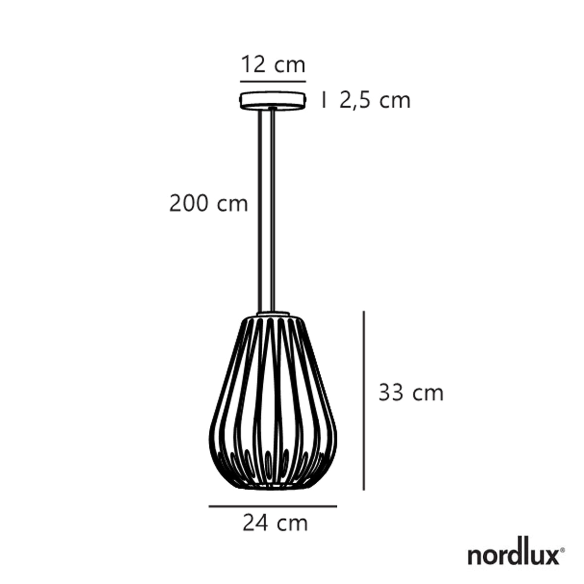 Line drawing of a pendant light with a cage-like shade and dimensions