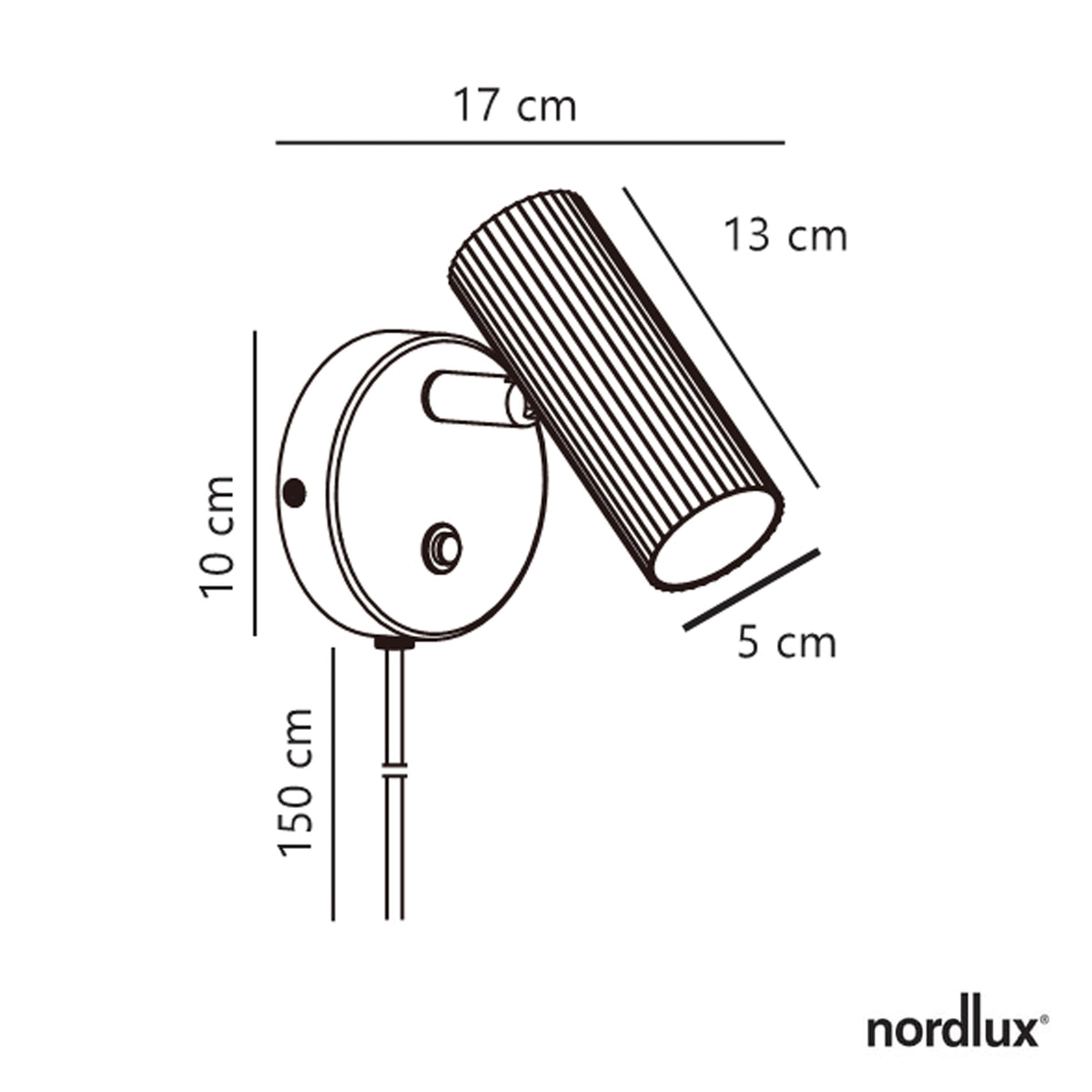 Technical drawing of a wall lamp with dimensions: 17 cm width, 10 cm height, 13 cm depth, 5 cm diameter