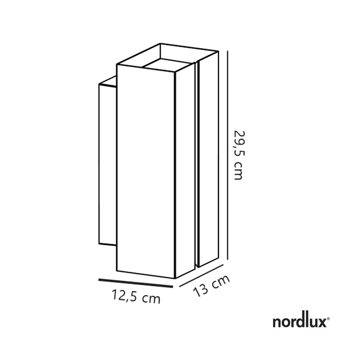 Line drawing of a rectangular wall light with dimensions 29.5 cm height, 12.5 cm width, and 13 cm depth