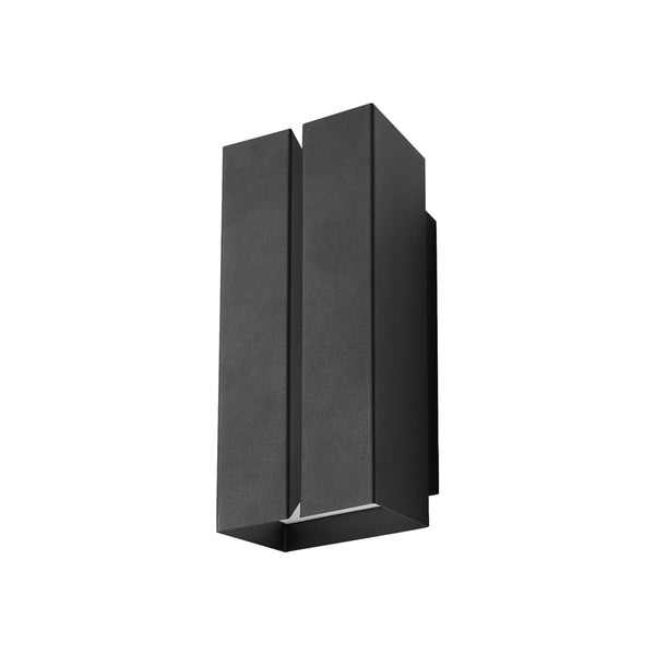 Black rectangular outdoor wall light with two vertical panels and light shining from the bottom