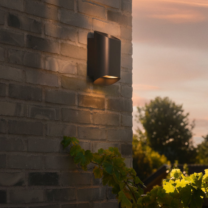 Dark grey outdoor wall light on a brick wall with green vines and a sunset sky