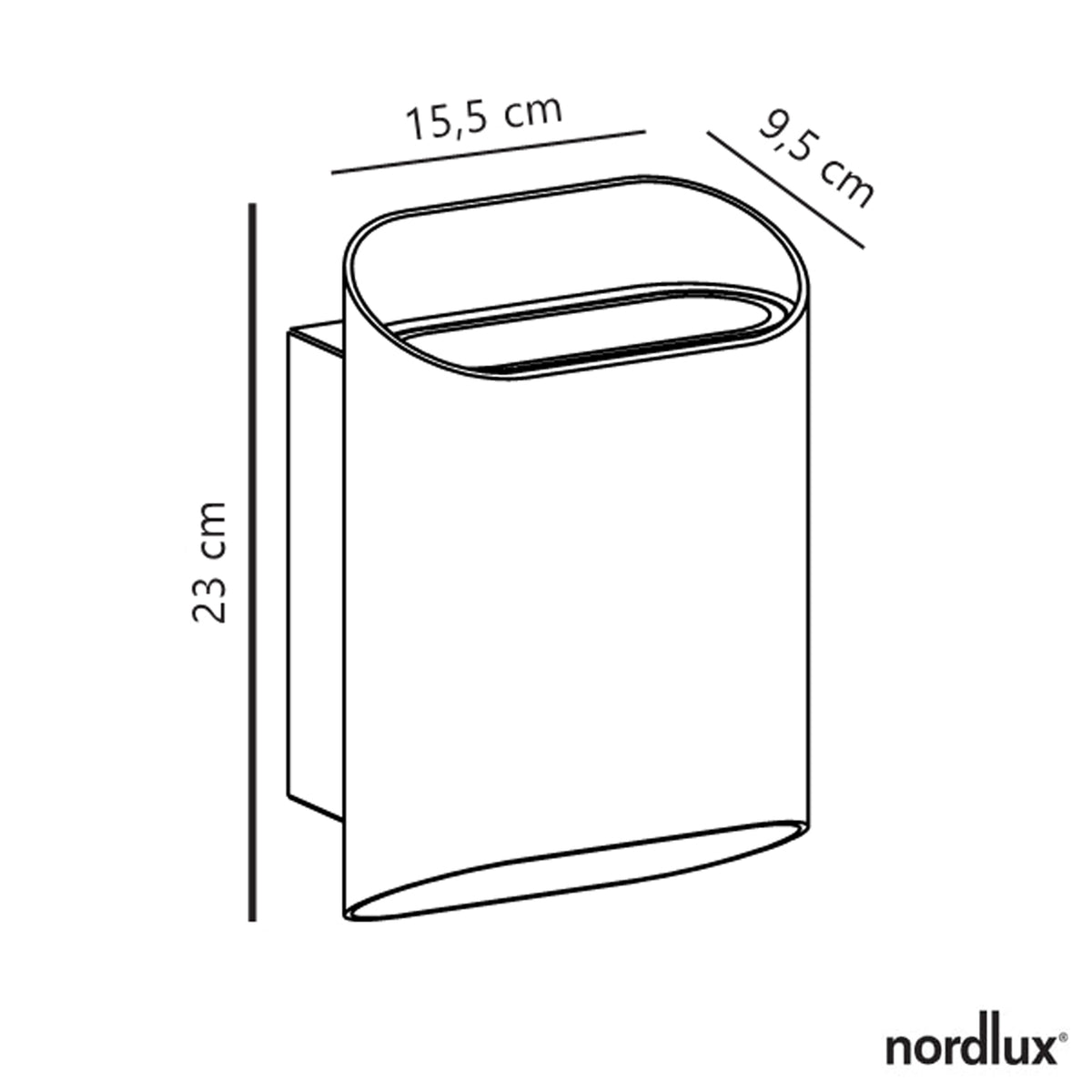 Line drawing of a wall light with dimensions 23 cm height, 15.5 cm width, and 9.5 cm depth