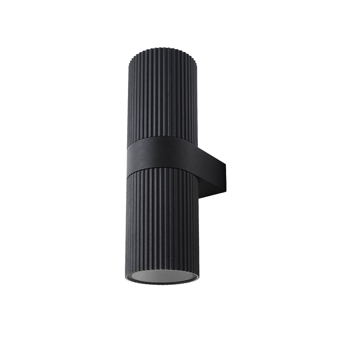 Black cylindrical wall light with ribbed texture and a central band