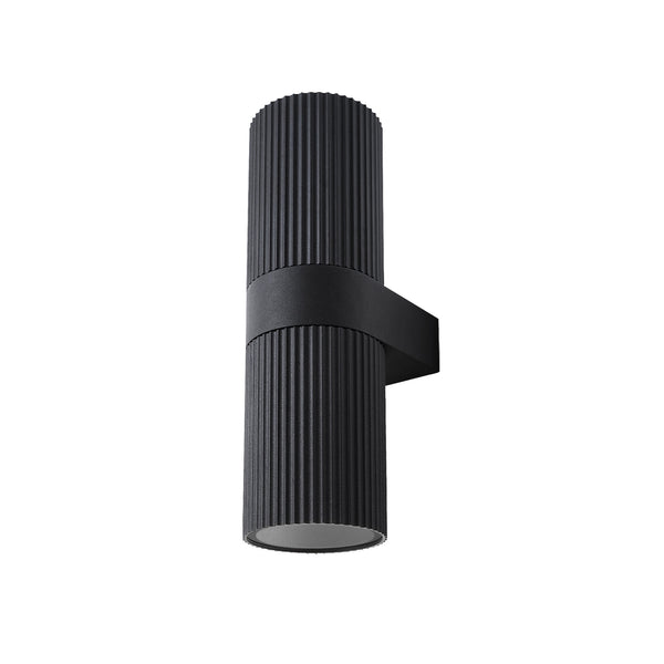 Black cylindrical wall light with ribbed texture and a central band
