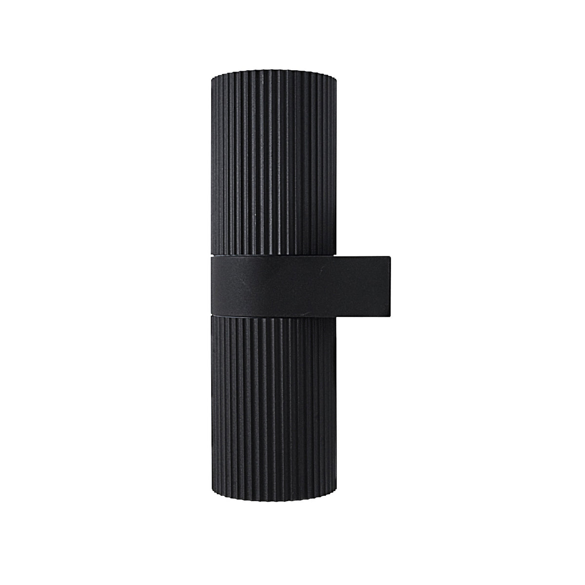Black ribbed cylindrical wall light with a rectangular band around the middle