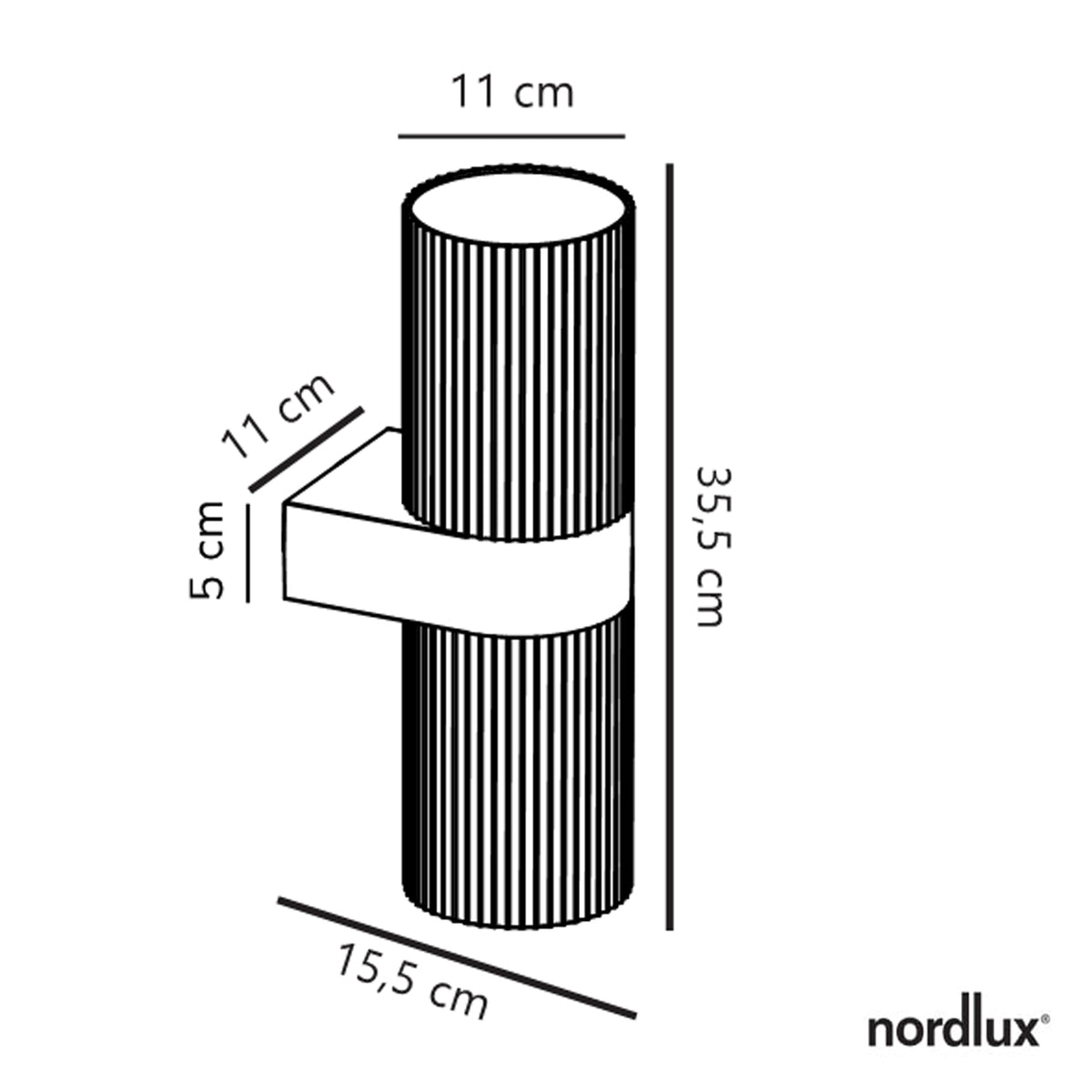 Diagram of a cylindrical wall light with dimensions: 35.5 cm height, 11 cm diameter, 15.5 cm depth