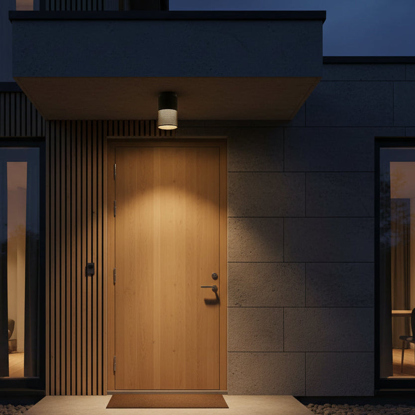 Front door of a modern house at night, illuminated by a ceiling-mounted outdoor light