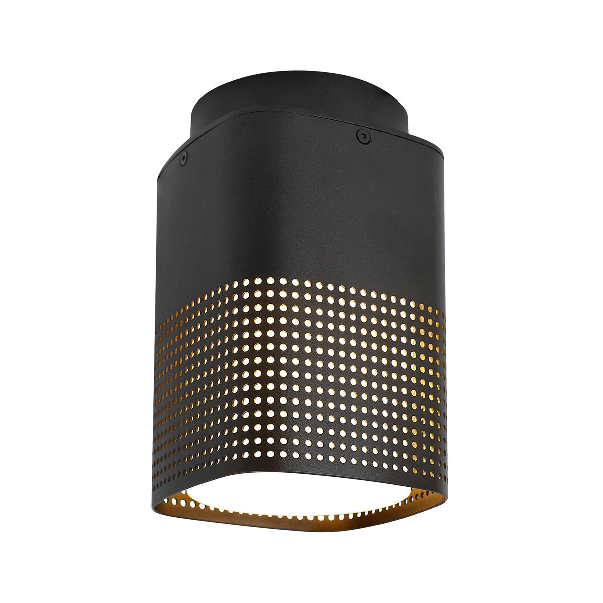 Black cylindrical ceiling light with a perforated lower section revealing a gold interior