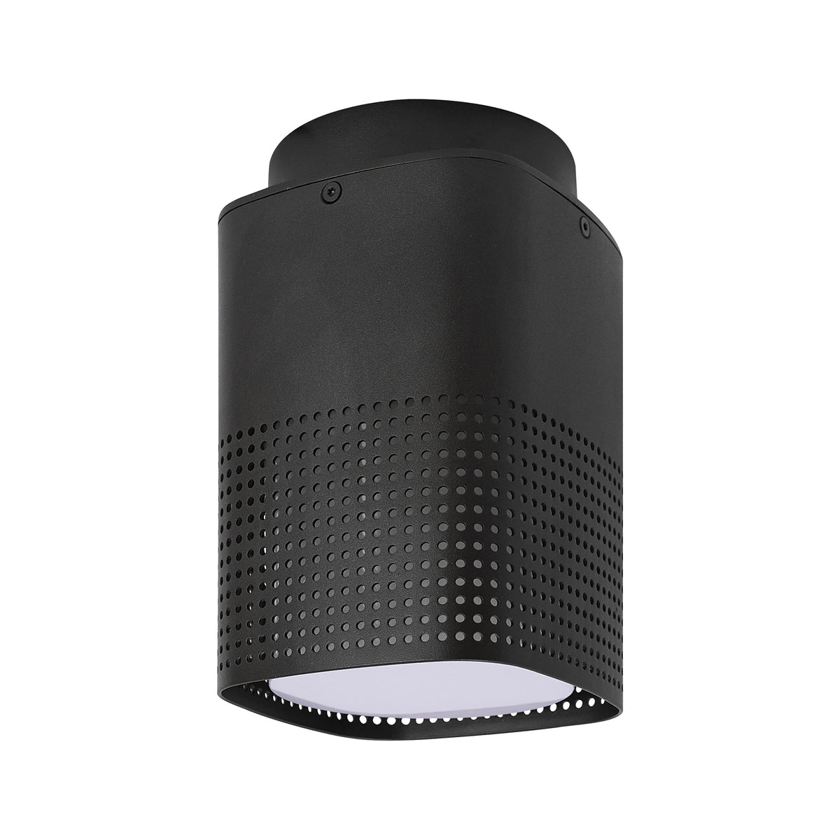 Black cylindrical ceiling light with a perforated pattern around the lower half