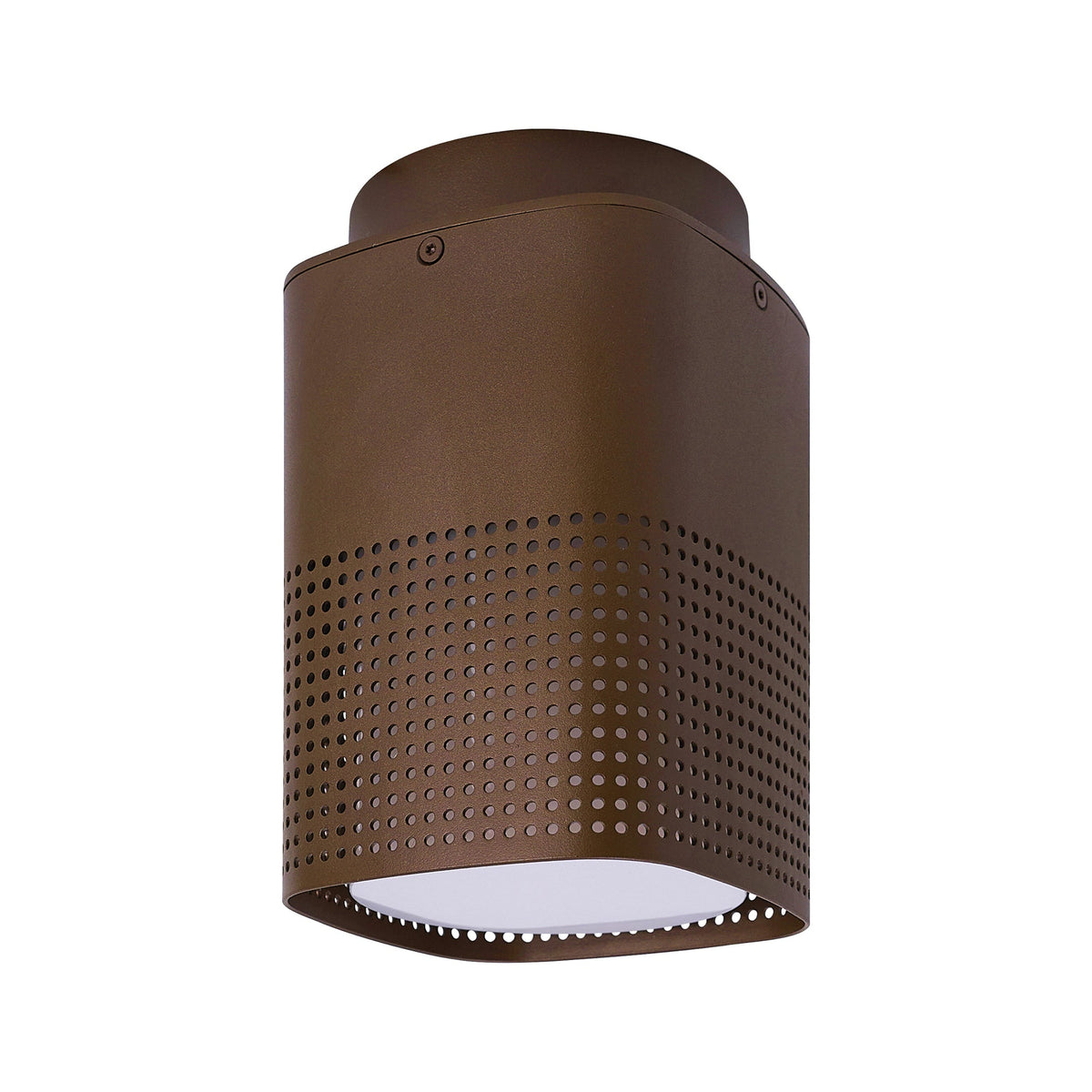 Brown cylindrical outdoor light fixture with perforated sides and a white diffuser at the bottom