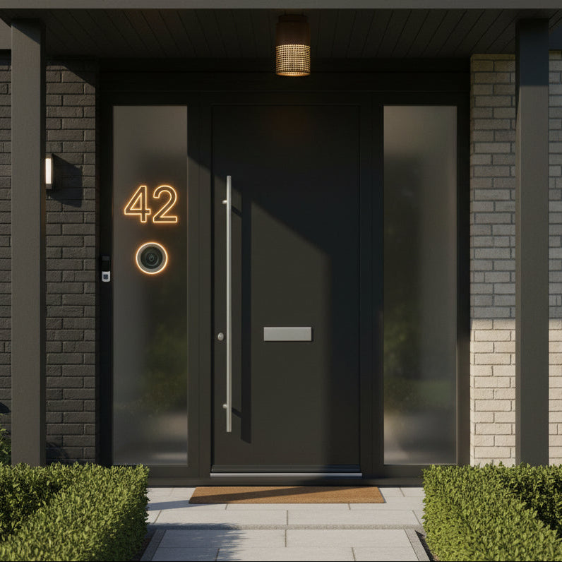 Black front door with a long silver handle, a letterbox, and a glowing number 42 on the side panel