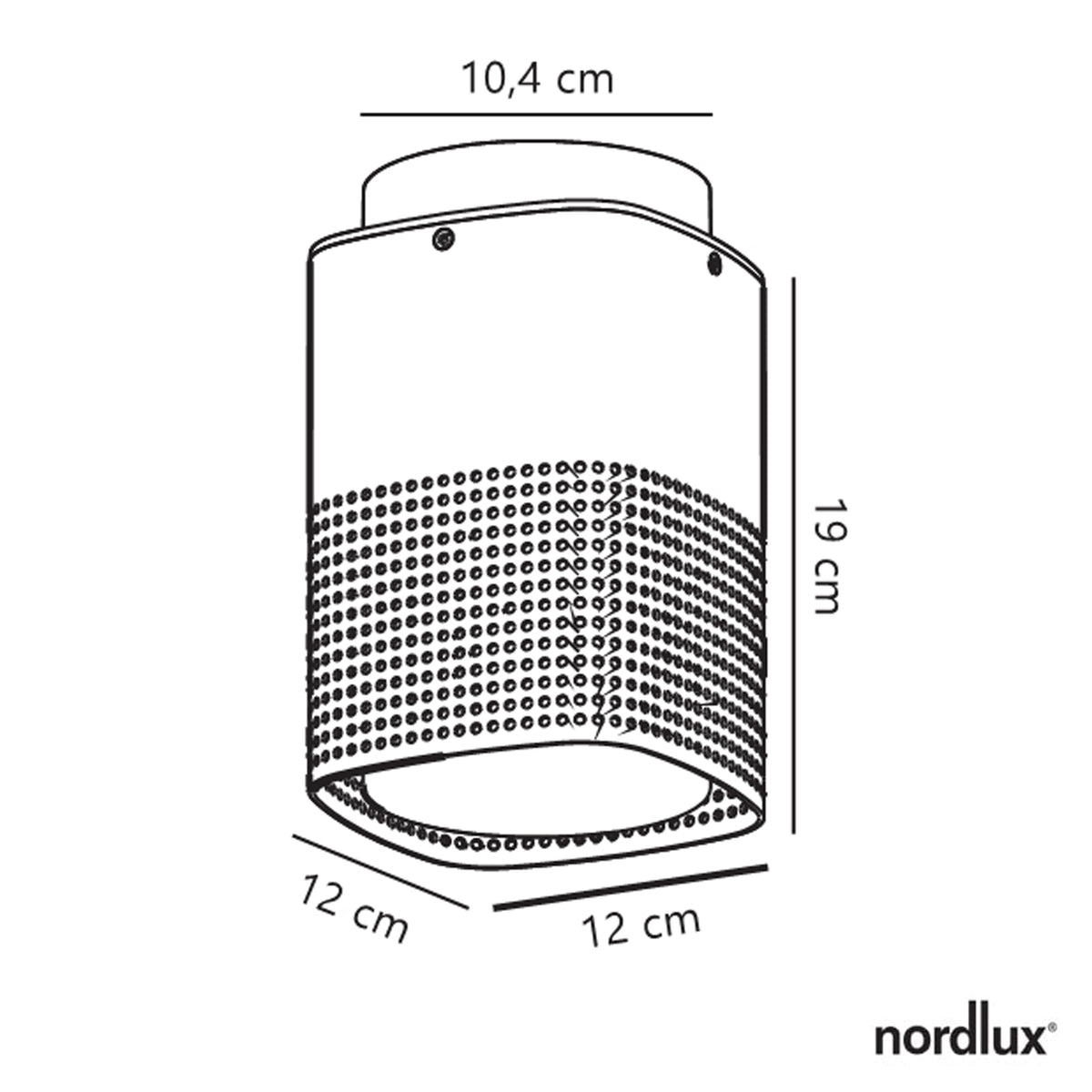 Line drawing of a cylindrical light fixture with dimensions 10.4 cm, 19 cm, and 12 cm