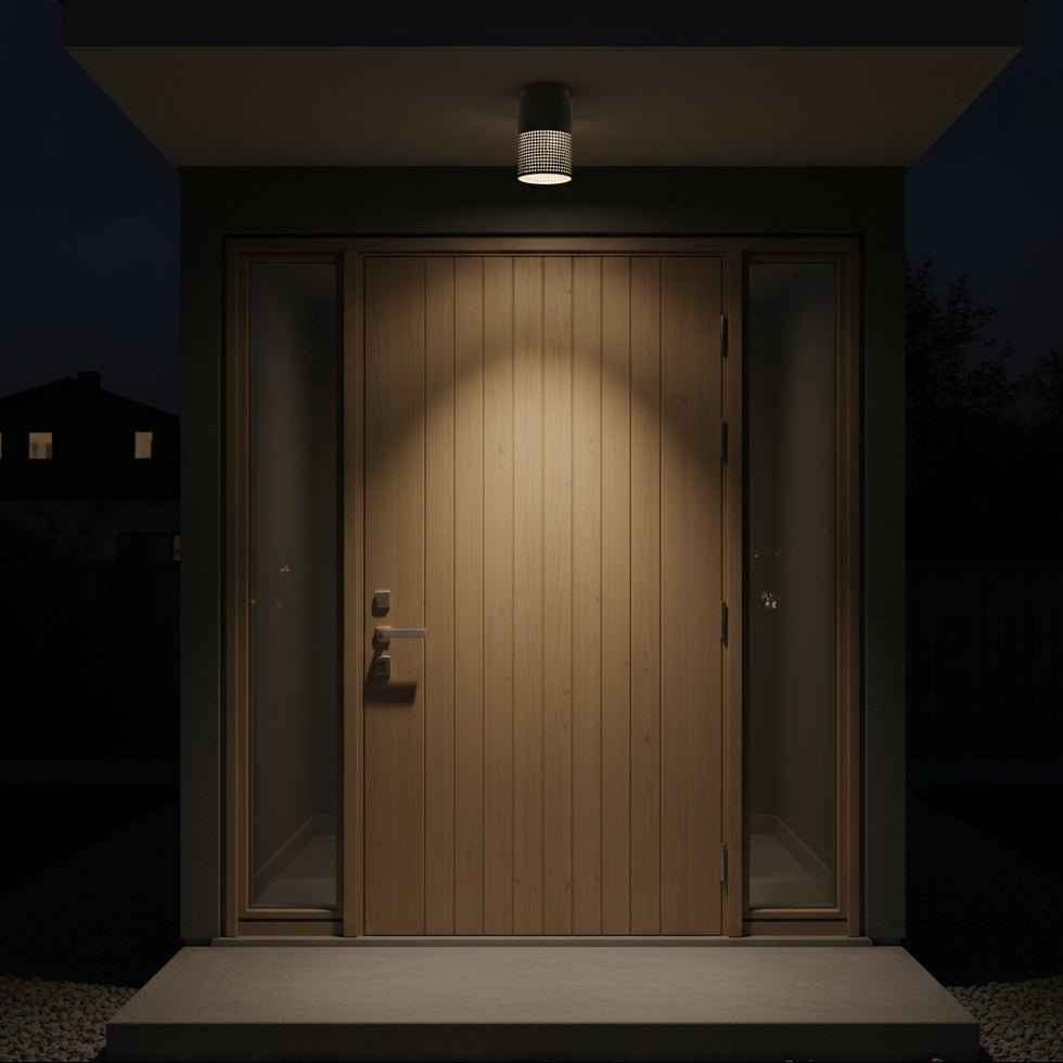 Front door of a house at night, illuminated by a ceiling light