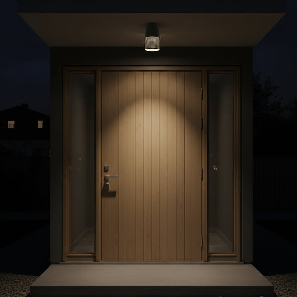 Front door of a house at night, illuminated by an outdoor ceiling light
