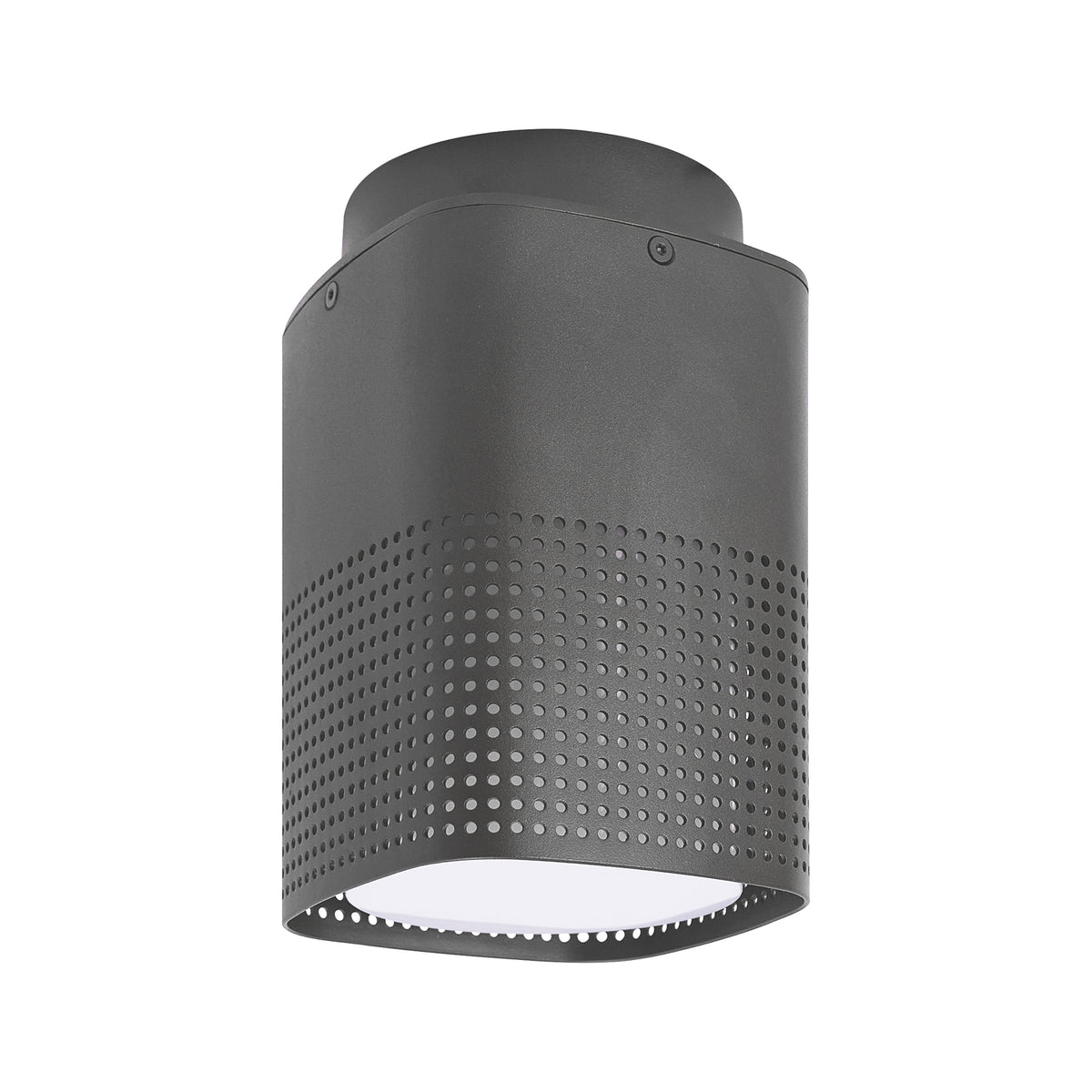 Dark gray cylindrical light fixture with a perforated lower section and a white diffuser at the bottom