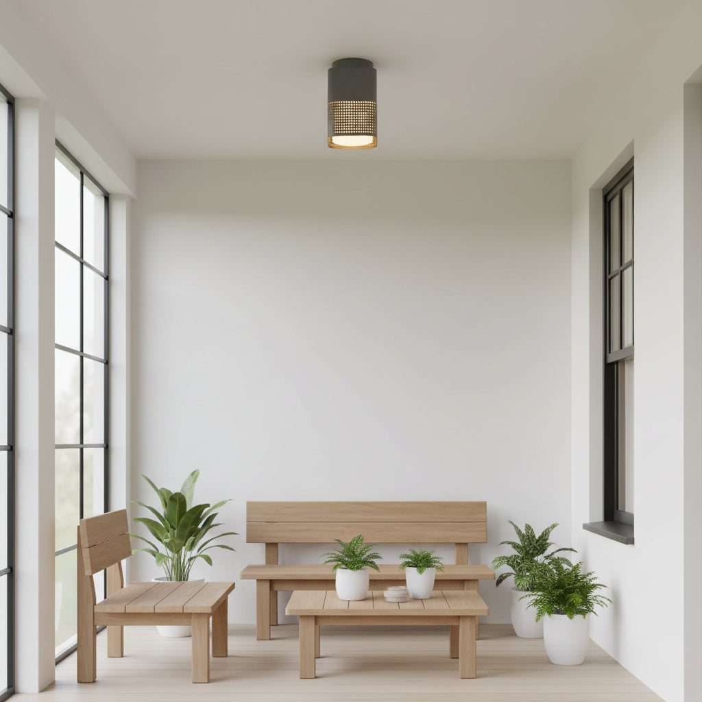 A modern outdoor living space with wooden furniture and potted plants