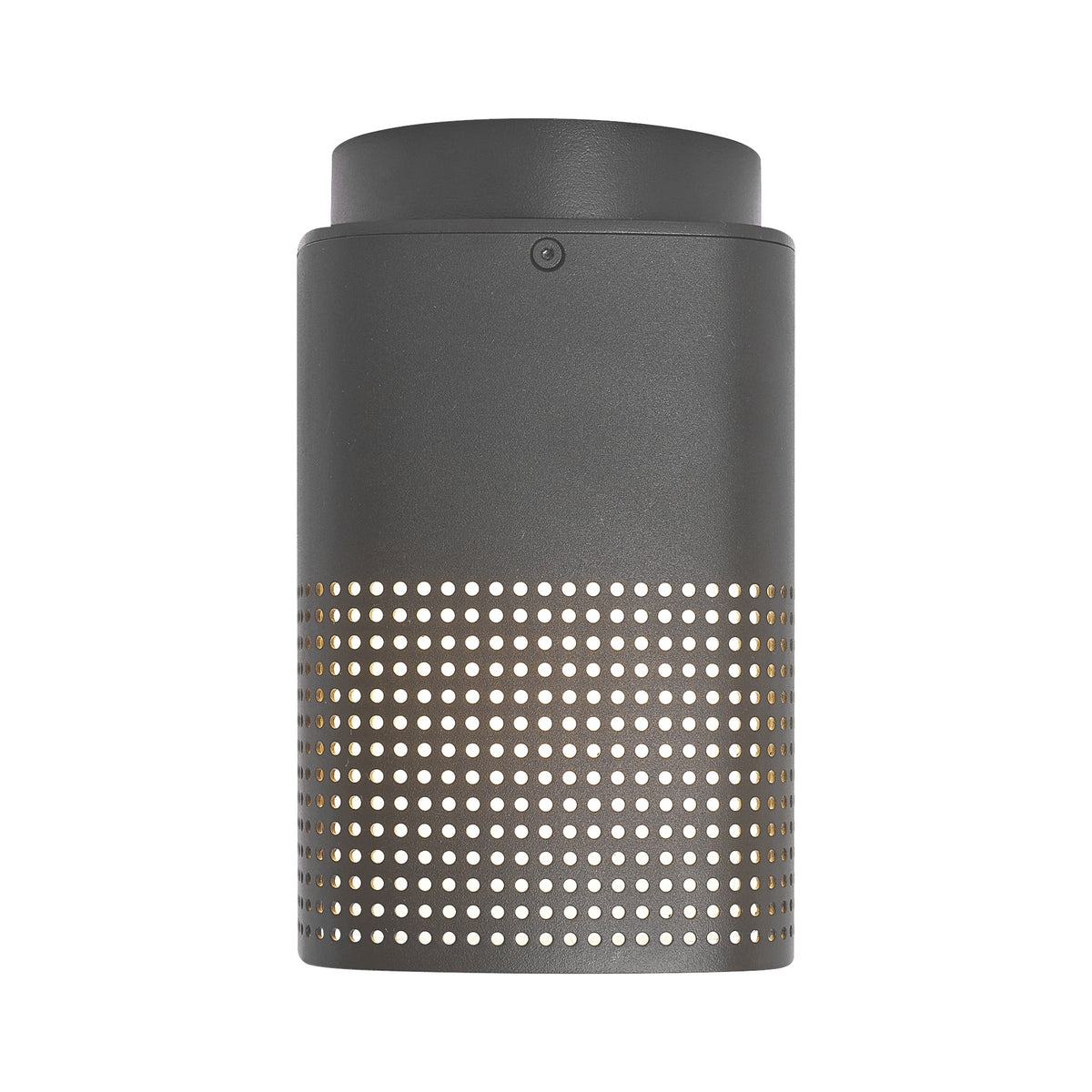 Dark grey cylindrical outdoor light with a perforated lower section revealing warm light
