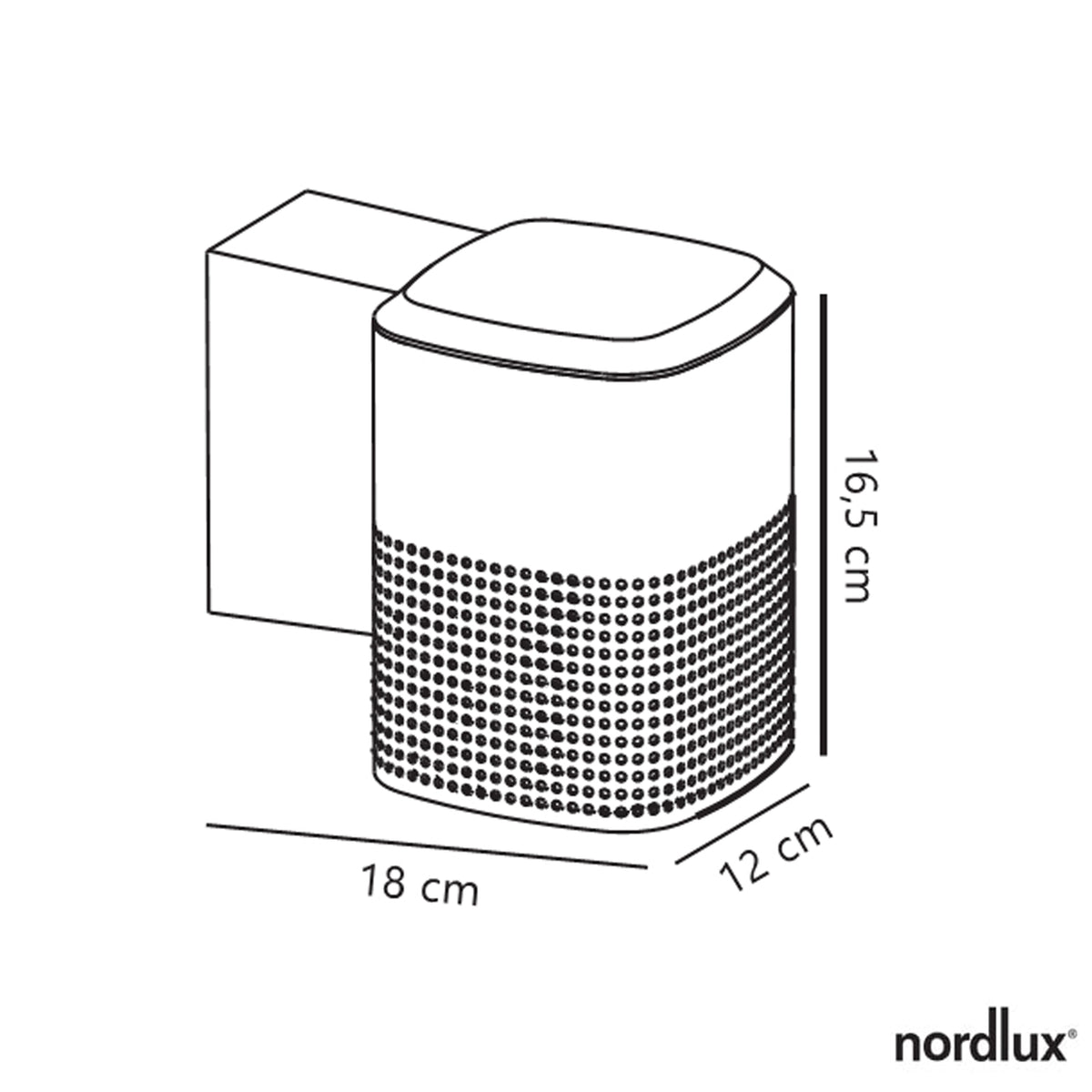 Line drawing of a wall light with dimensions 16.5 cm height, 18 cm width, and 12 cm depth