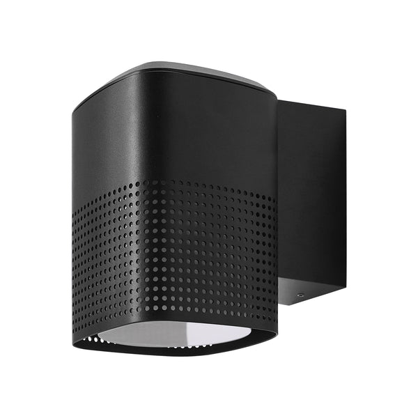 Black outdoor wall light with a perforated cylindrical shade