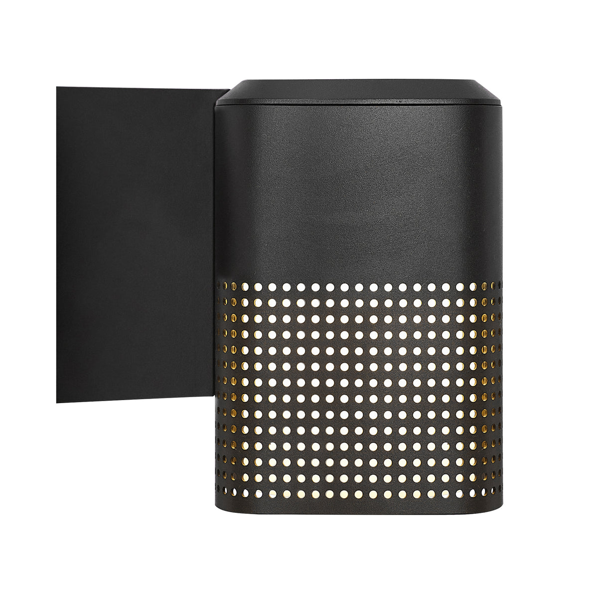 Black cylindrical outdoor wall light with a perforated lower section revealing warm light