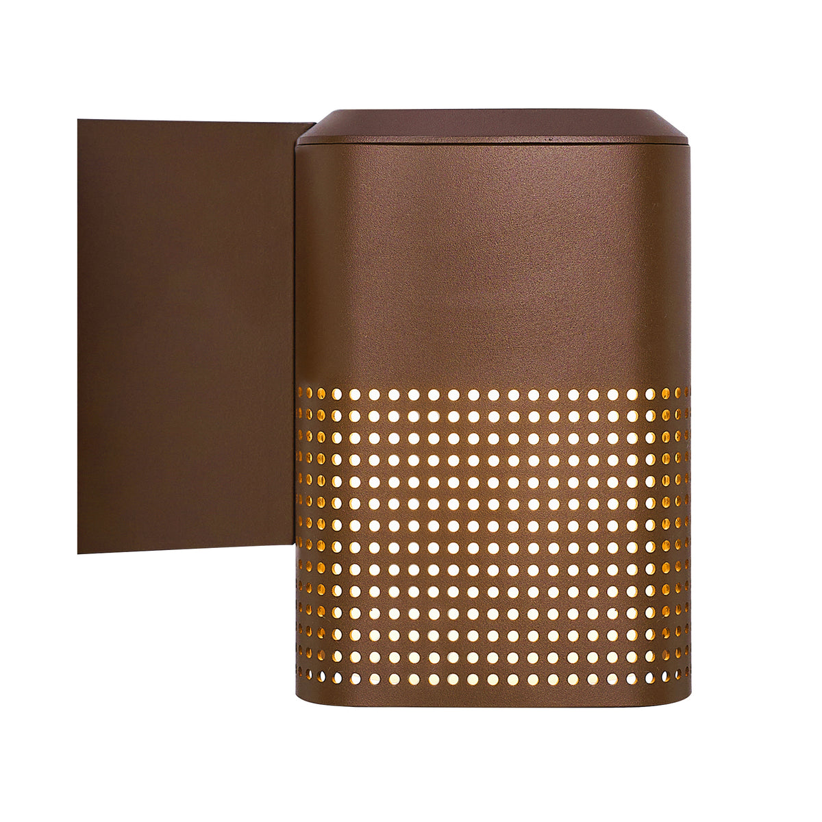 Brown outdoor wall light with a perforated cylindrical shade