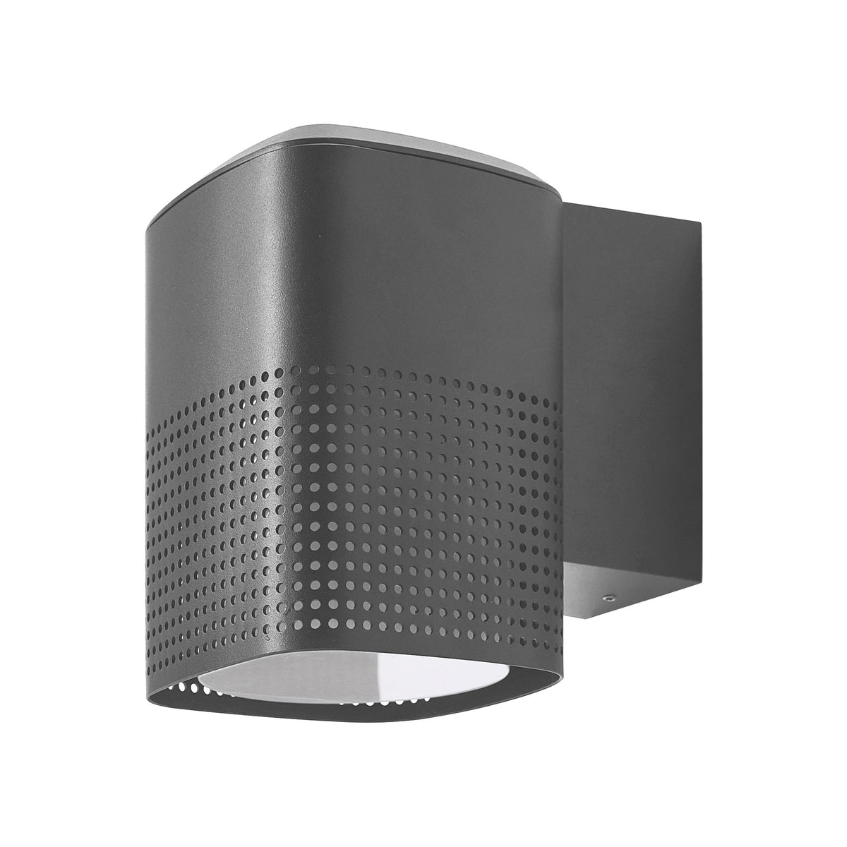 Dark grey outdoor wall light with a perforated cylindrical shade and a rectangular base