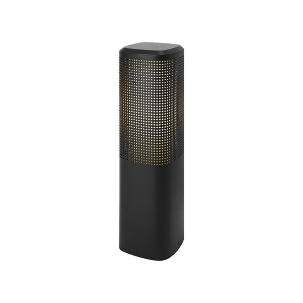 Black cylindrical outdoor light with a perforated top section revealing a warm glow