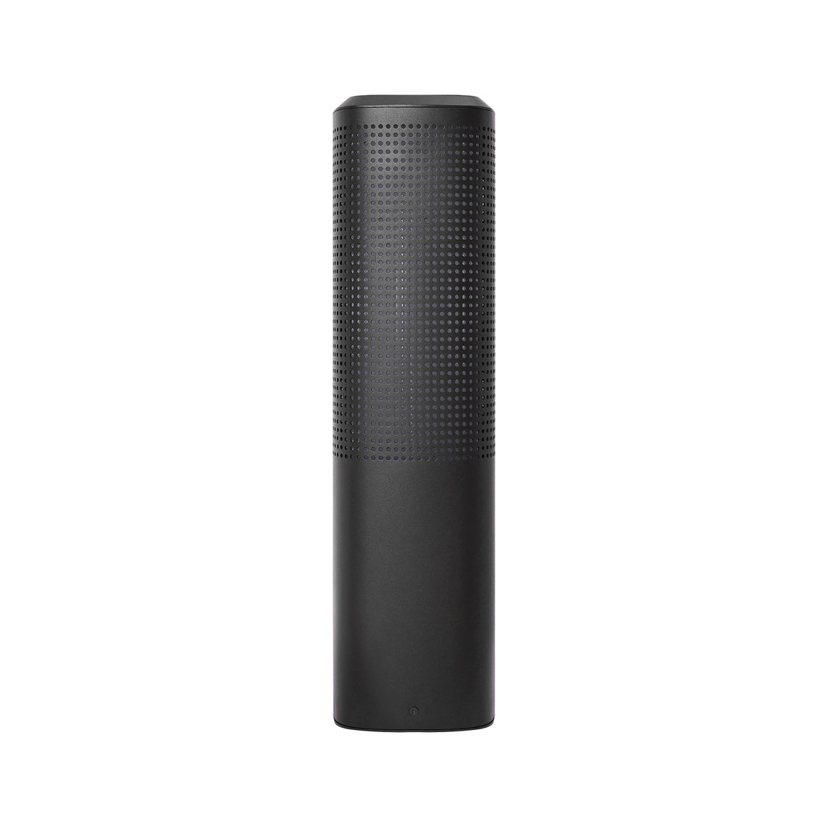 Black cylindrical speaker with a perforated top half and a smooth bottom half
