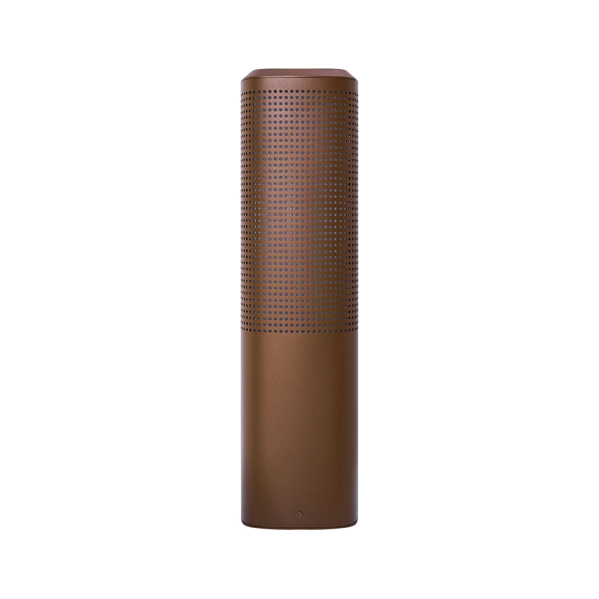 Brown cylindrical speaker with a perforated top half