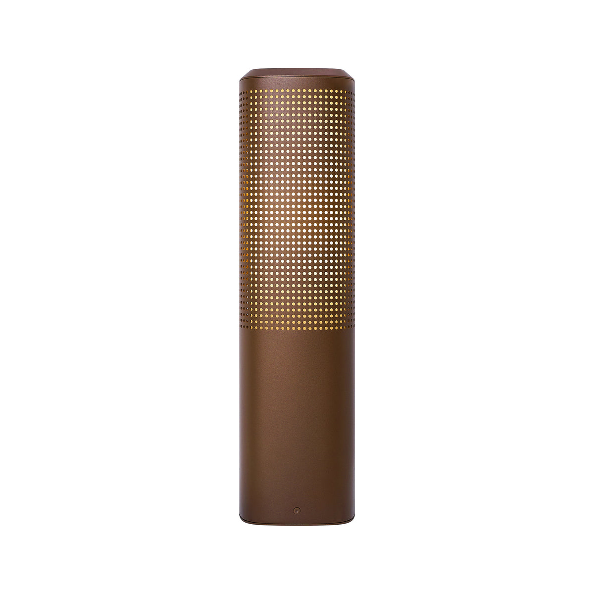 Brown cylindrical outdoor light with a perforated top section revealing a warm glow