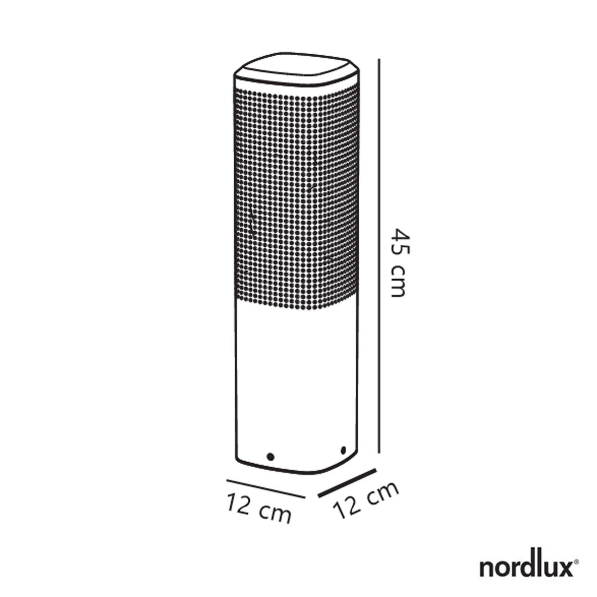 Diagram of a cylindrical outdoor light, 45 cm tall and 12 cm wide