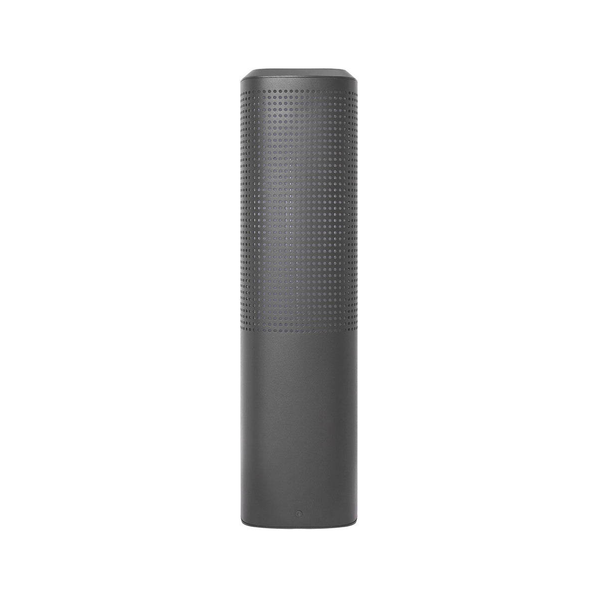 Dark gray cylindrical speaker with a perforated top half and a smooth bottom half