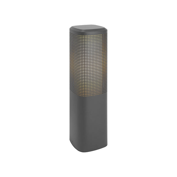 Dark grey rectangular bollard with a perforated top section revealing a warm light