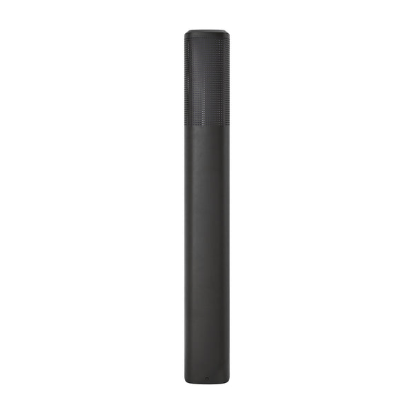 Black cylindrical speaker with perforated top section