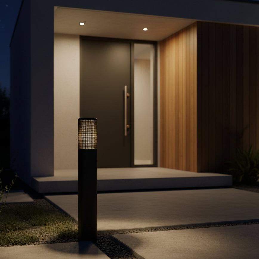 Black outdoor bollard light with a perforated top illuminating a modern home entrance at night