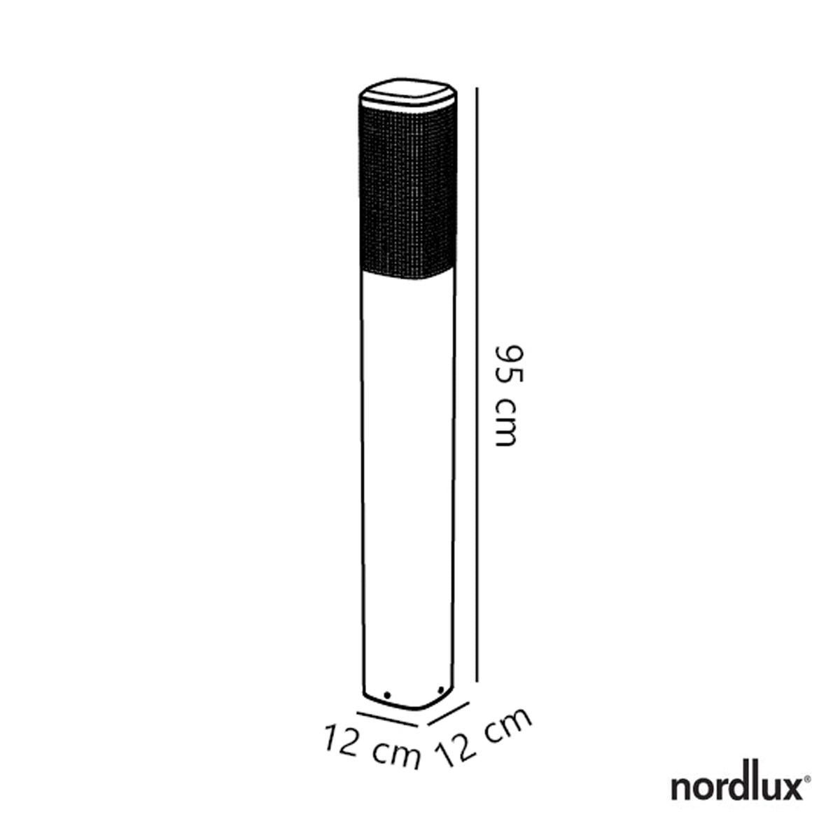 Nordlux graphic showing dimensions of a cylindrical outdoor light fixture, 95 cm tall with a 12 cm base