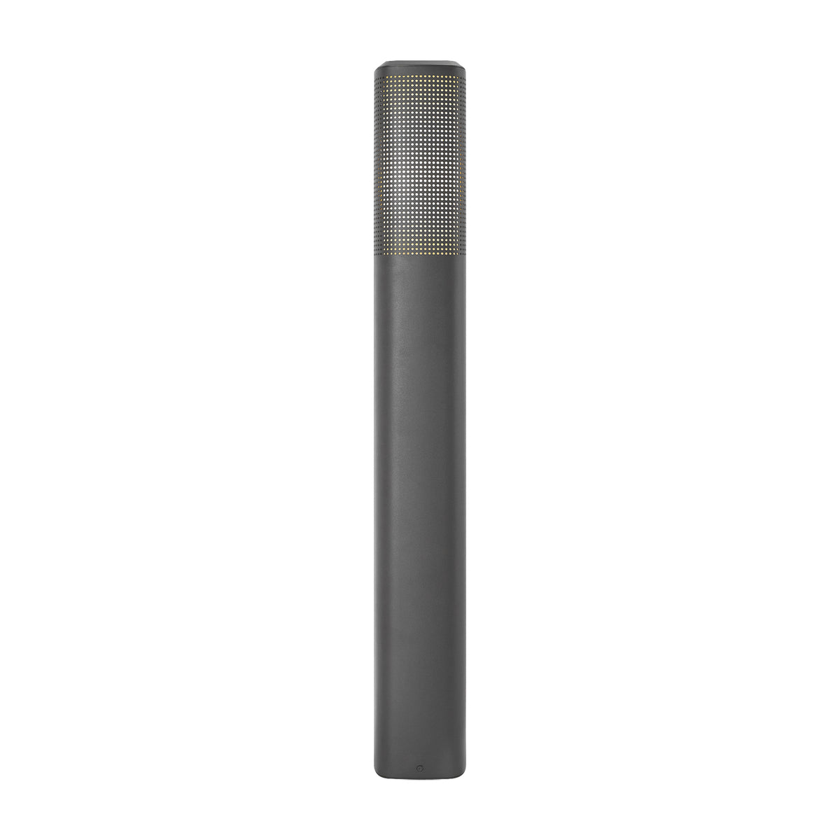 Dark grey cylindrical outdoor light with a perforated top section
