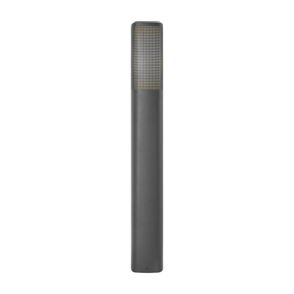 Dark grey cylindrical outdoor light with a perforated top section
