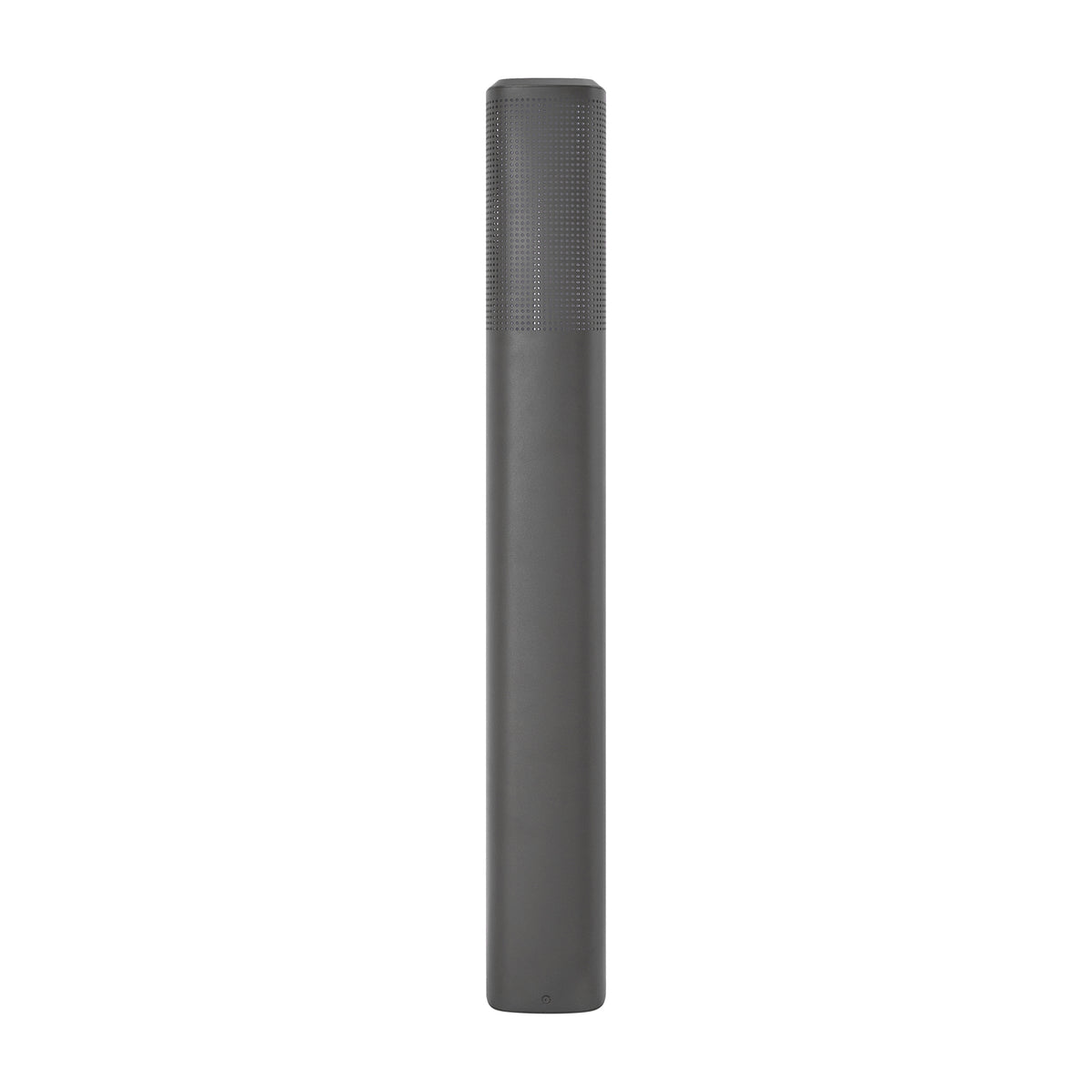 Dark grey cylindrical outdoor light with perforated top section