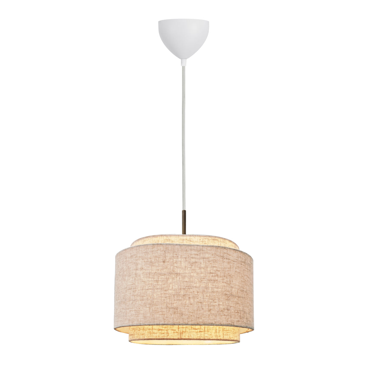 Two-tiered fabric pendant light with a white ceiling rose and a light brown shade