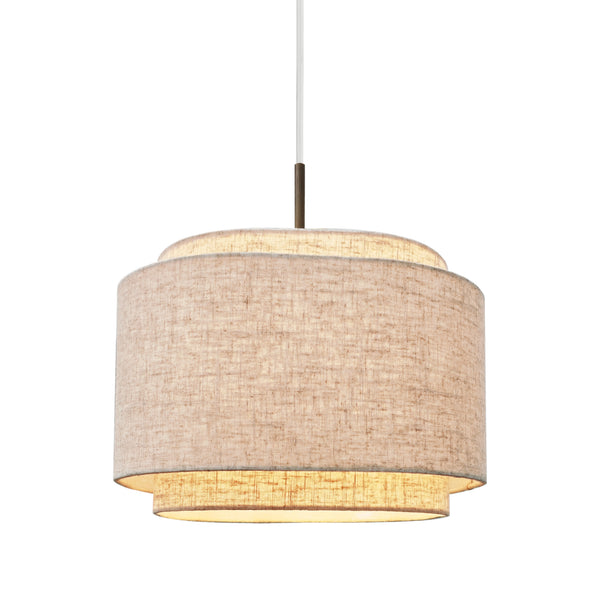 Two-tier drum pendant light with a natural linen shade and a bronze stem