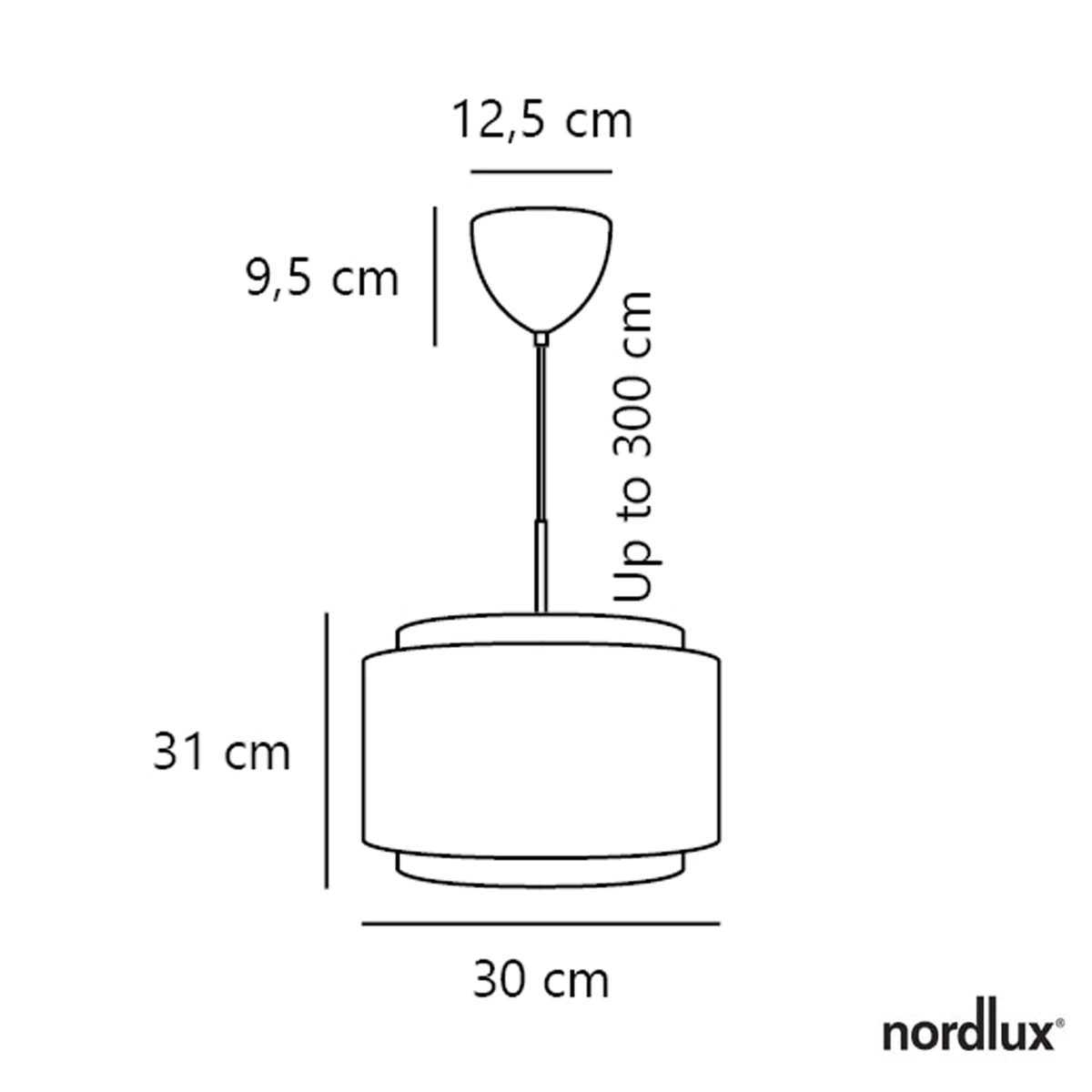 Line drawing of a pendant light with dimensions. Shade is 31 cm high, 30 cm wide. Ceiling cup 9.5 cm high, 12.5 cm wide. Cable up to 300 cm